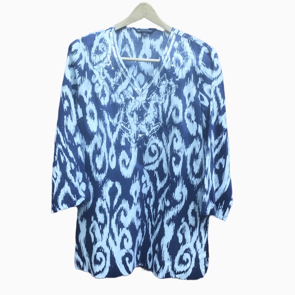 Brooks Brothers 346 Sequined Beaded Blue White Blouse Tunic Womens Size L Large
